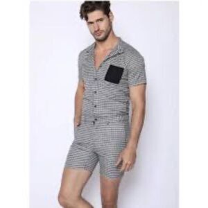 Men's Black and White Checkered Short Sleeve Romper